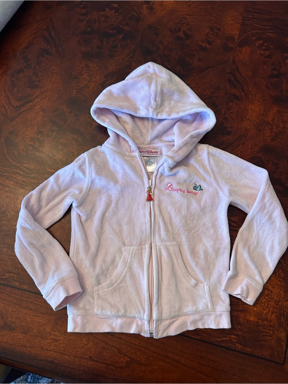 Vintage Walt Disney Princess Sleeping Beauty Pink Velour Hoodie Girls Size 4T